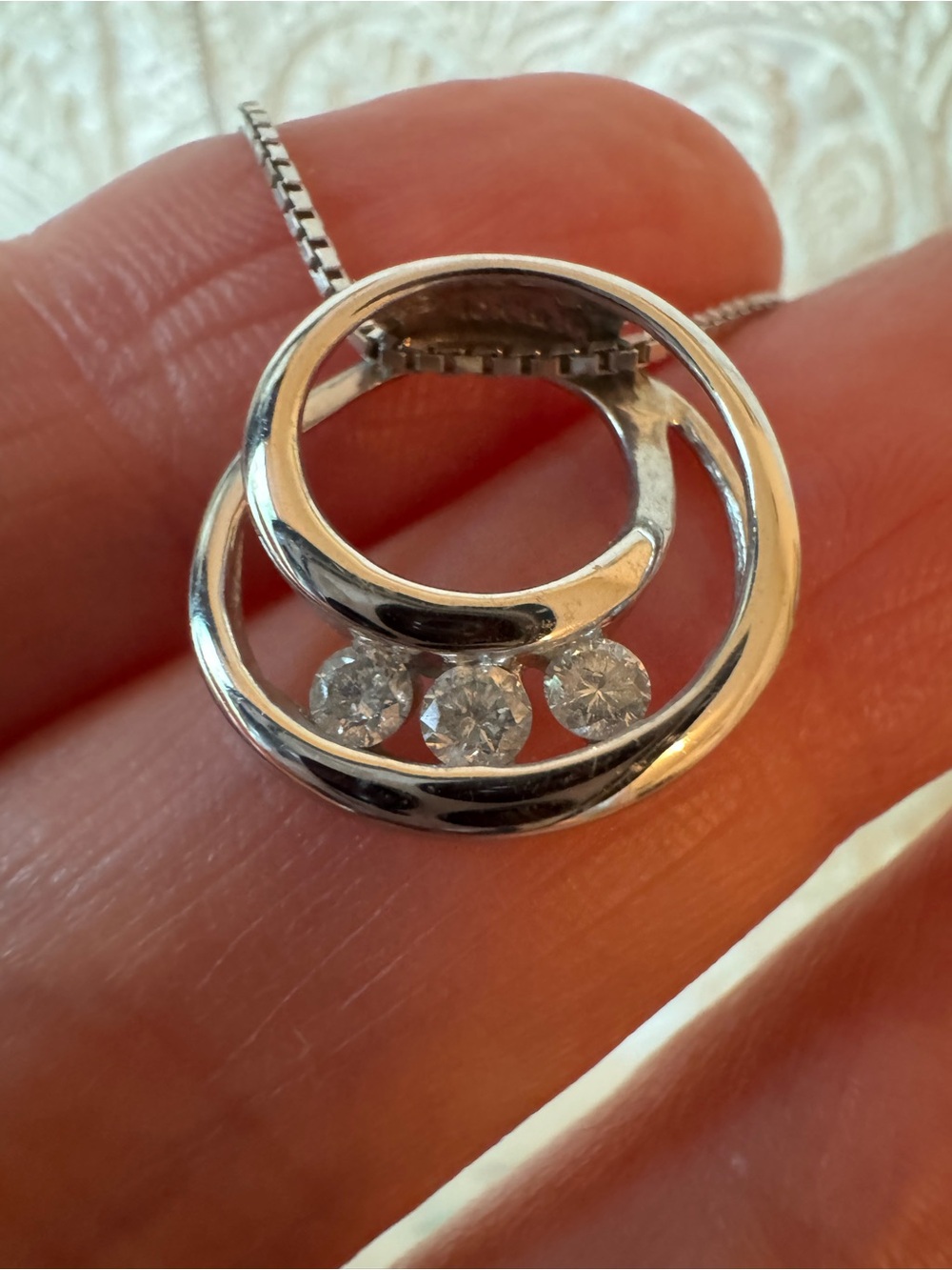Sterling Silver Circle Pendant Necklace with Three Clear Stones - White
